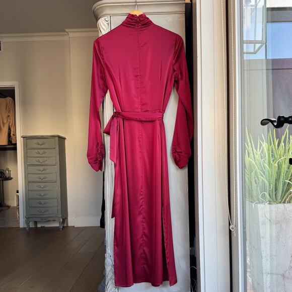 Alexia Admor Dress Sz 8 Red Satin Maxi Faux Wrap Belted High Neck Long Sleeve - Picture 13 of 13